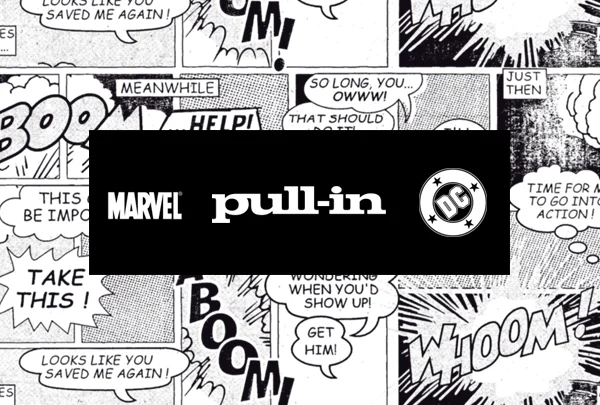 Visuel pop-art en noir et blanc avec cases de BD Marvel et DC, logo pull-in centré, style comics rétro, design Virginie Gerberon Bordeaux
