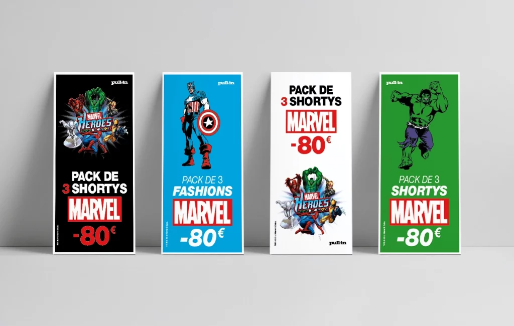 UX/UI signé Virginie Gerberon à Bordeaux : pack Marvel x Pull-in (3 shortys à -80 €), impact visuel garanti !