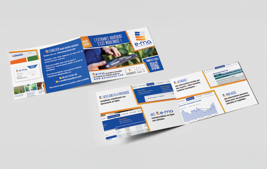 Flyer e-ma Maïsadour en dépliant multi-volets présentant un service digital