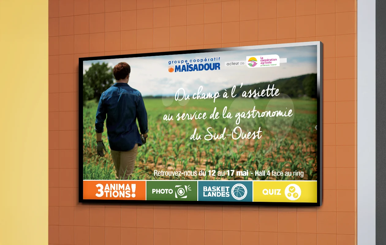 design écran événementiel Maïsadour avec animations et informations stand