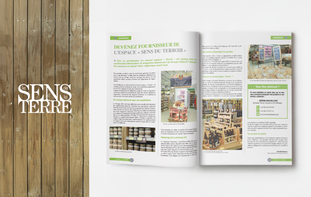 Mise en page double page du magazine Sens de la Terre avec contenu éditorial