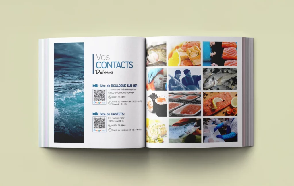 Brochure Delmas contacts et visuels produits, design éditorial signé Virginie Gerberon à Bordeaux, communication visuelle UX/UI
