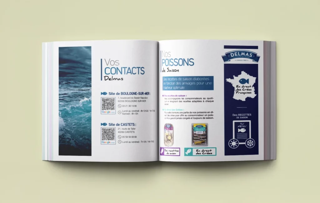 Double page brochure Delmas, design éditorial print réalisé par Virginie Gerberon à Bordeaux, communication graphique UX/UI