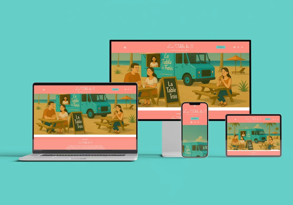 Virginie Gerberon, UX/UI à Bordeaux — site illustré et responsive pour un foodtruck balnéaire : La Table de Trois