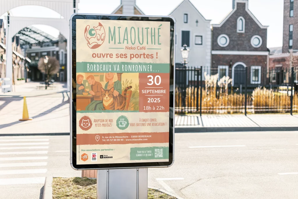 Affiche MIAOUTHÉ Neko Café, communication visuelle à Bordeaux pour ouverture solidaire, signée Virginie Gerberon, UX UI graphisme