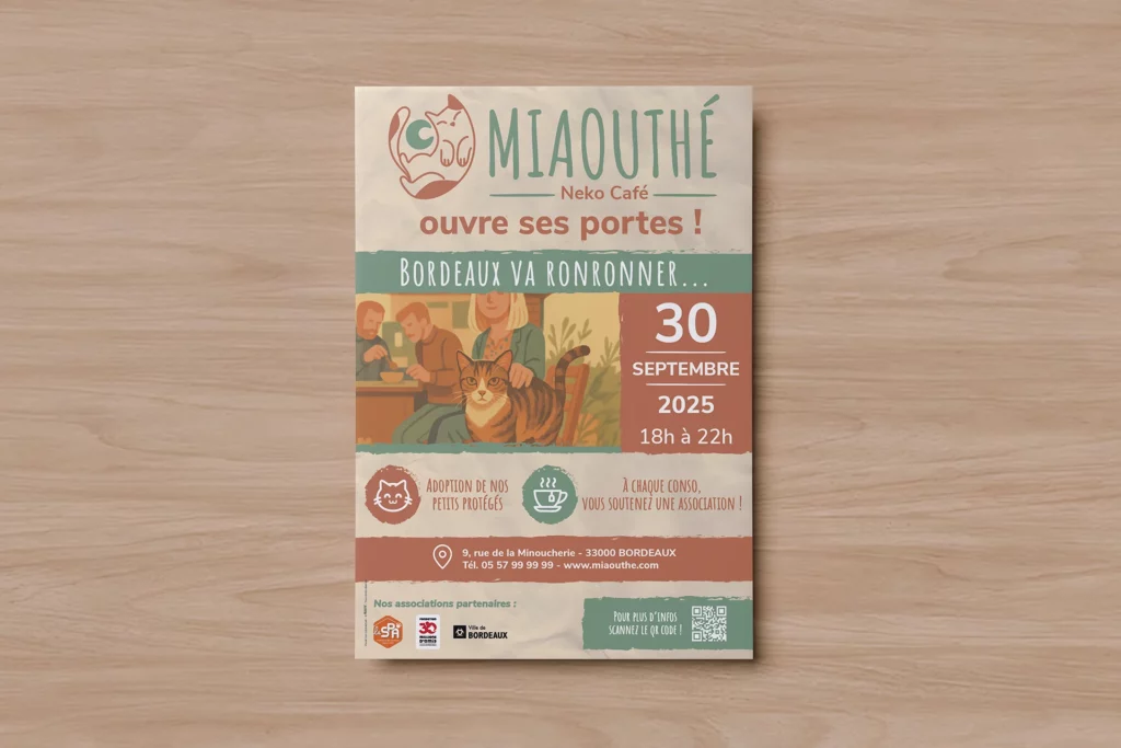 Flyer MIAOUTHÉ Neko Café à Bordeaux, communication graphique solidaire signée Virginie Gerberon, UX UI digital et branding