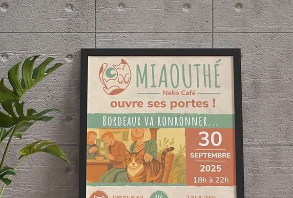 Affiche d'ouverture du Neko Café Miaouthé à Bordeaux, illustrée par Virginie, mêlant graphisme doux et ambiance féline