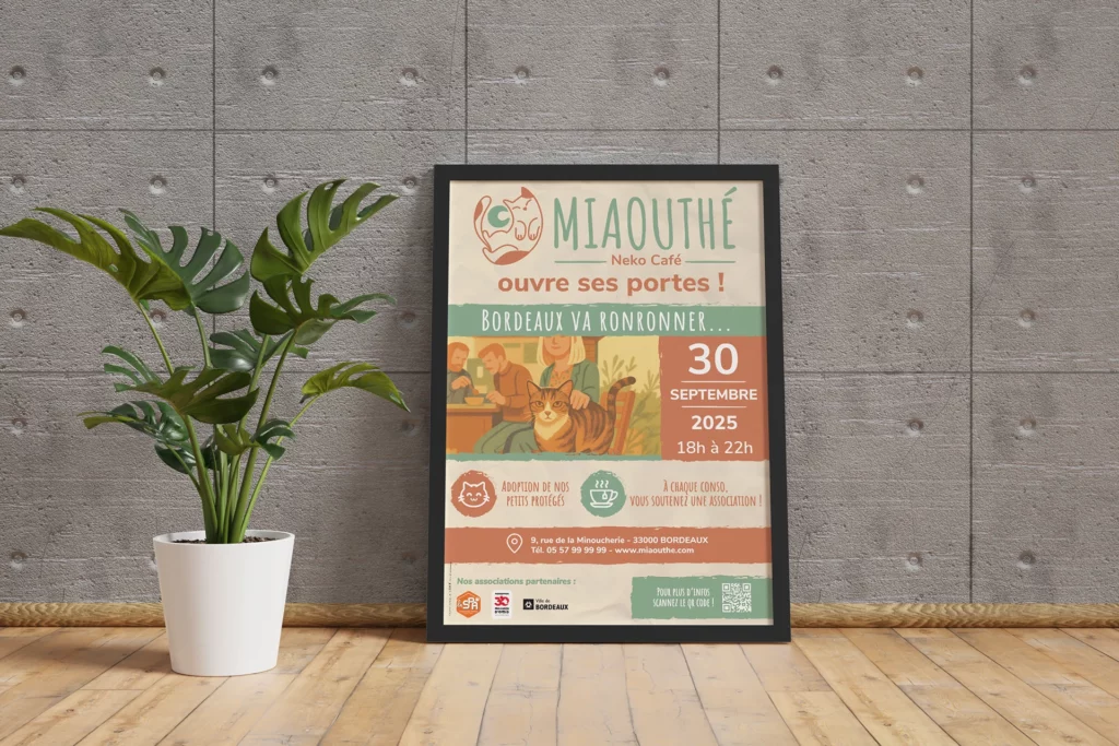 Affiche MIAOUTHÉ encadrée, campagne de communication graphique solidaire à Bordeaux par Virginie Gerberon, UX UI et digital