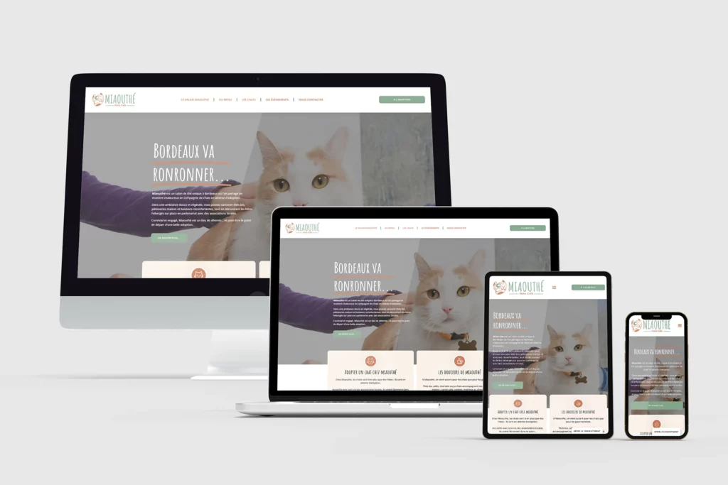 Site responsive Miaouthé sur écran desktop, tablette et mobile, design UX UI et développement web par Virginie Gerberon à Bordeaux