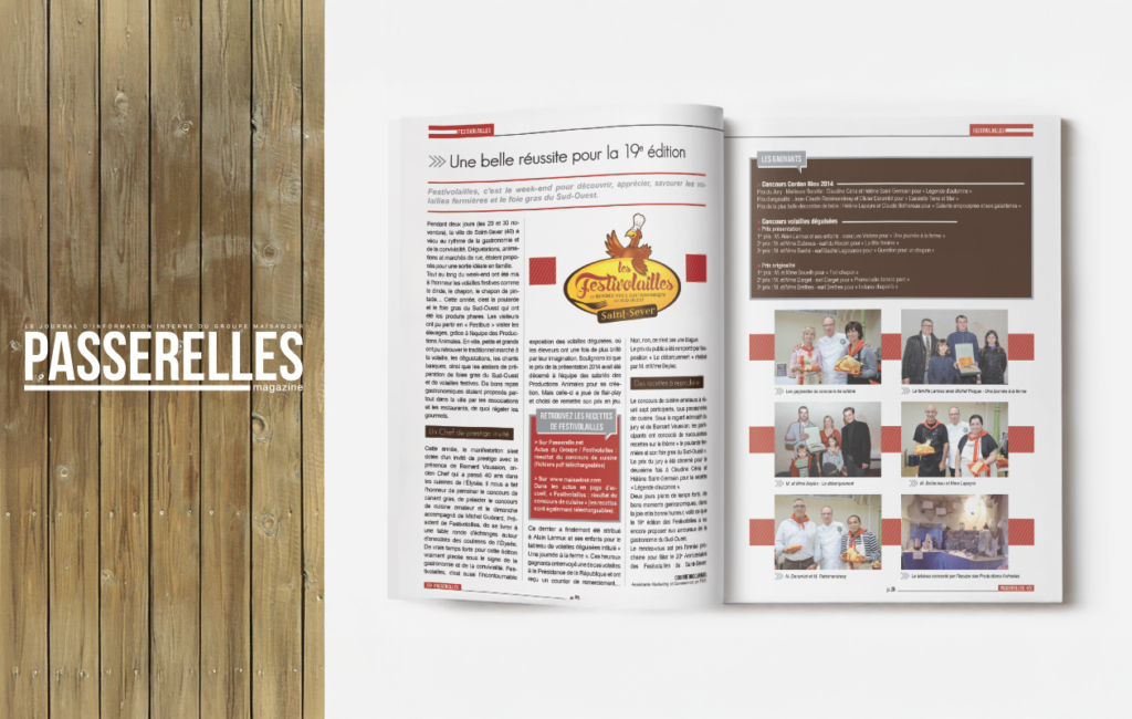 Double page du magazine Passerelles créée par Virginie Gerberon à Bordeaux pour Maïsadour, dédiée aux Festivolailles à Saint-Sever.