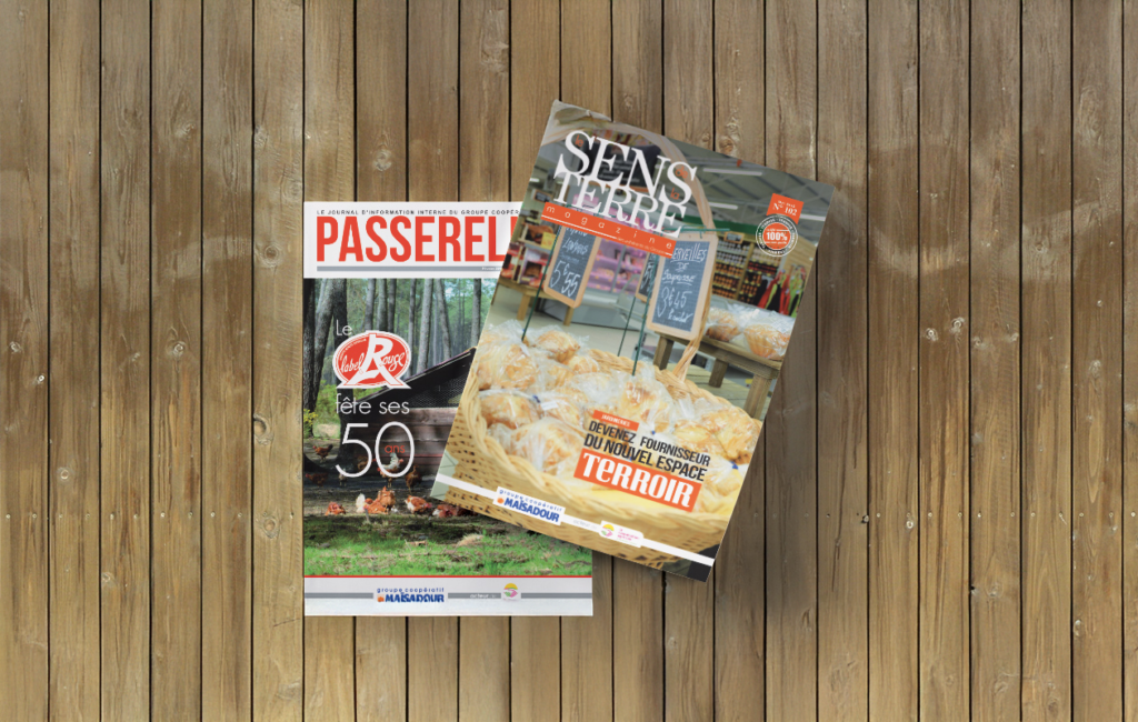 Magazines Passerelle et Sens Terre conçus par Virginie Gerberon à Bordeaux pour la communication interne de Maïsadour.