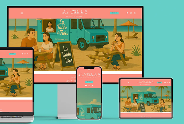 Design responsive du site La Table de 3 illustré par Virginie à Bordeaux, mêlant UI/UX et graphisme chaleureux sur écran