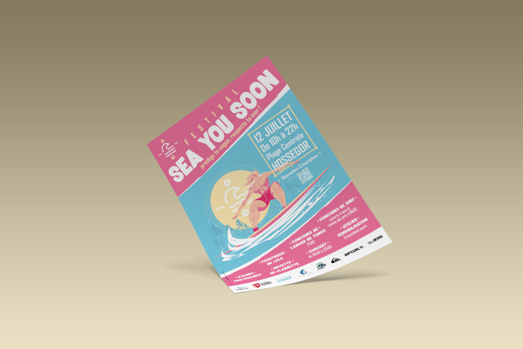 Affiche du festival Sea You Soon par Virginie Gerberon à Bordeaux, aux tons vifs, célébrant surf, musique et écologie.