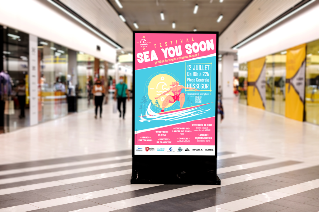Affiche Sea You Soon par Virginie Gerberon à Bordeaux, exposée en galerie, au design estival, coloré et engagé.