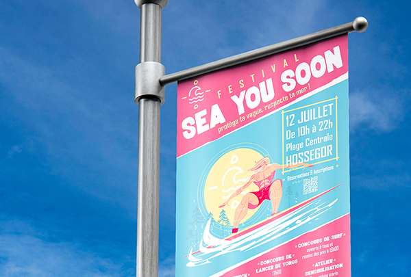 Création graphique de Virginie Gerberon pour le festival Sea You Soon à Hossegor, mêlant design coloré et illustration surf