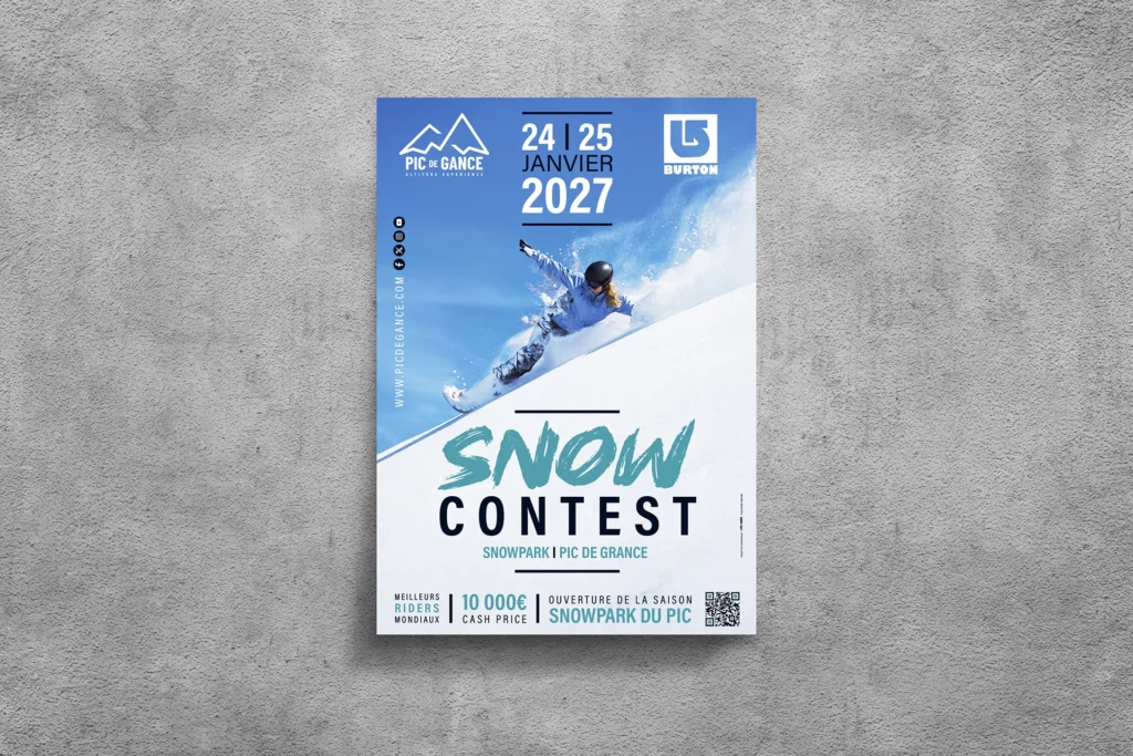 Affiche Snow Contest 2027 au Snowpark Pic de Gance, création graphique et marketing digital par Virginie Gerberon à Bordeaux