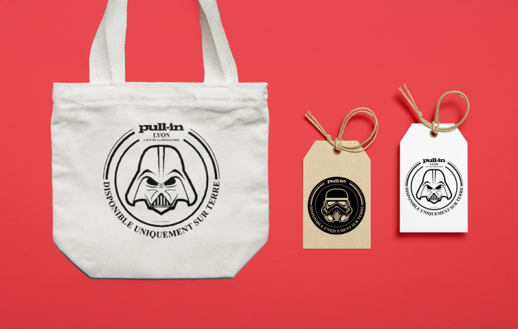 Tote bag et étiquettes Pull-in x Star Wars, design graphique et communication retail créés à Bordeaux par Virginie Gerberon, UX